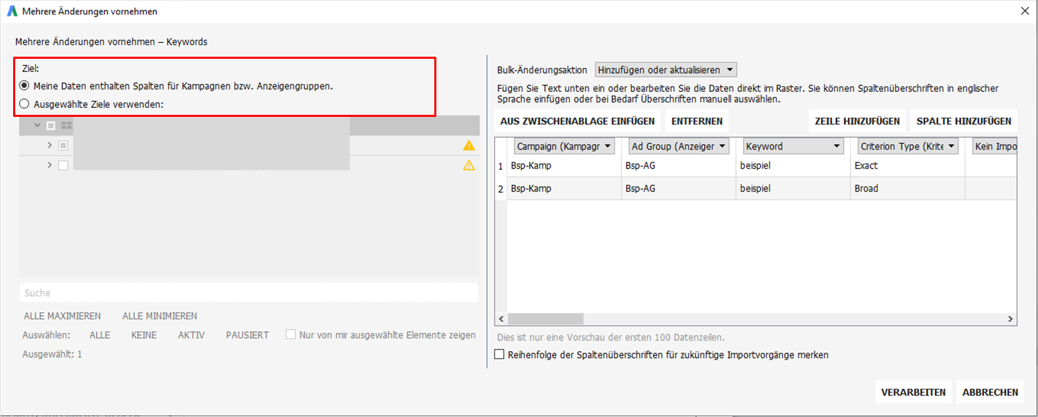 AdWords Editor - Bulk-Upload von Keywords