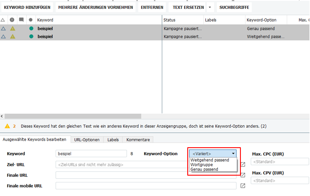 Keyword-Option umstellen