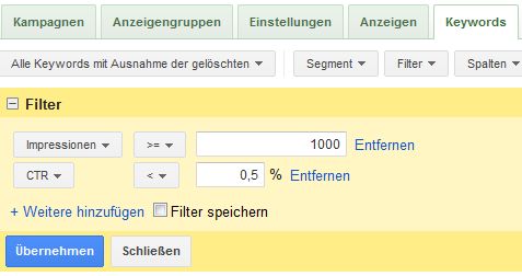 Beispiel für AdWords-Filter
