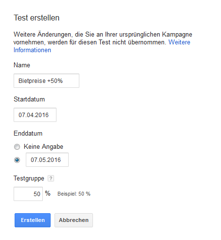 AdWords Kampagnentest erstellen