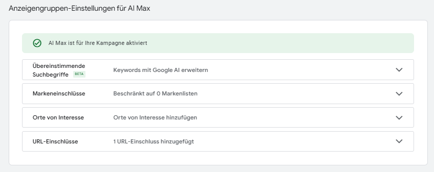 Anzeigengruppeneinstellungen für AI Max
