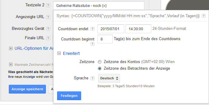 Countdown-Funktion - Eingabelayer