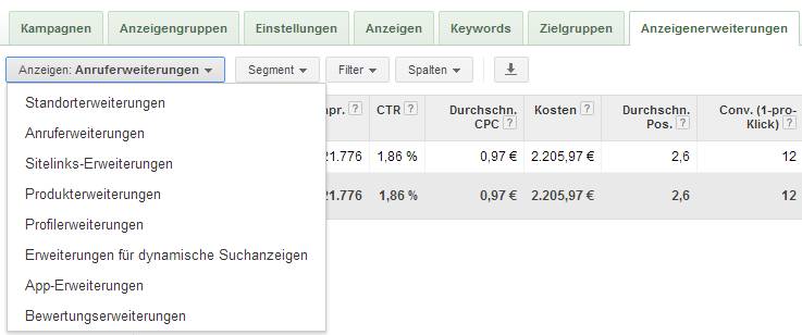 derzeitige Anzeigenerweiterungen