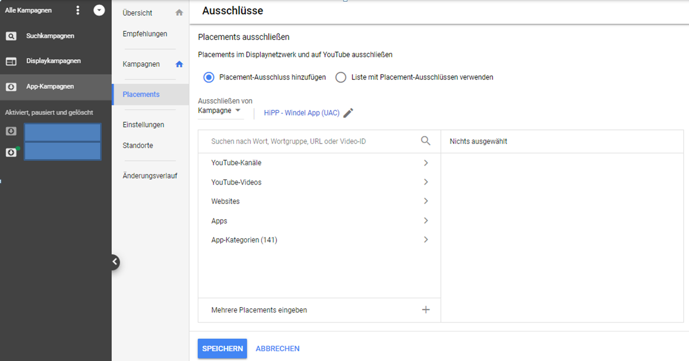 App-Bewerbung mit Google Ads - Ausschlüsse