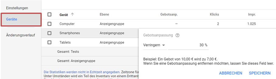 Gebotsanpassungen - mobile Endgeräte