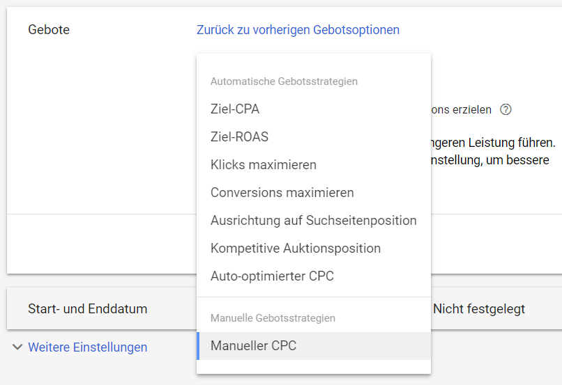 Gebotsstrategien als Kampagneneinstellung