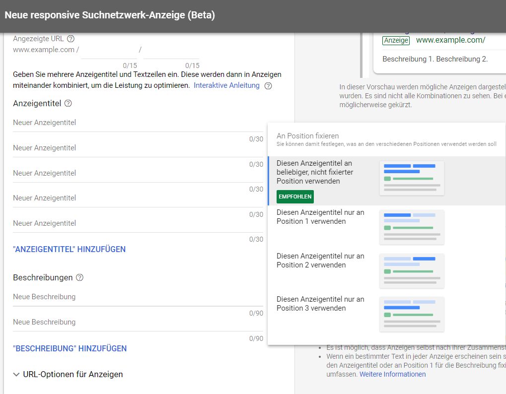 Responsive Search Ads - Fixierung