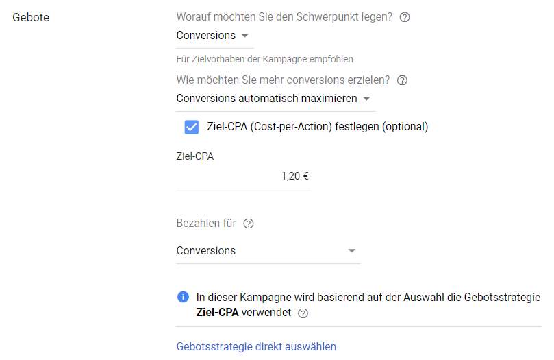 Smart Display Kampagne - Gebotseinstellung
