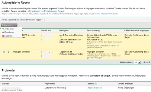 Protokoll der Automatisierten Regeln in AdWords