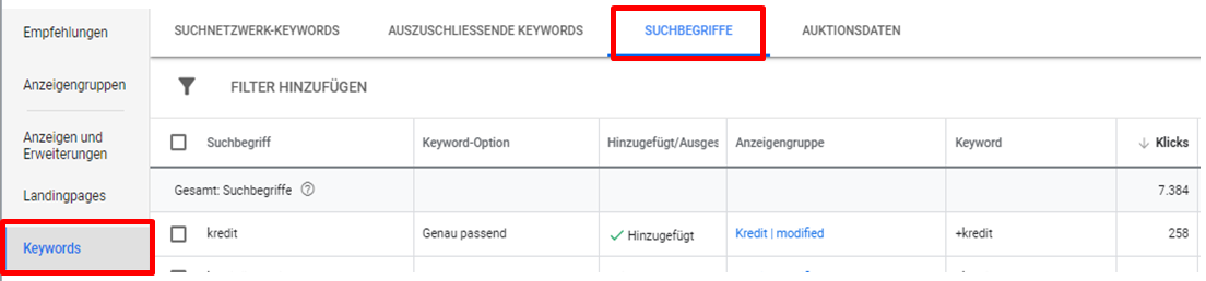 Bericht tatsächliche Suchbegriffe