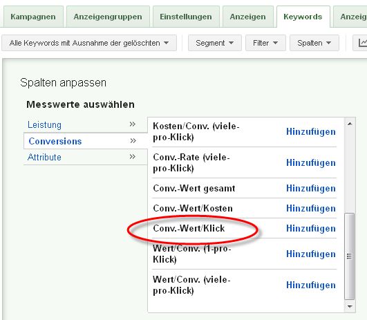 Conversion-Wert pro Klick