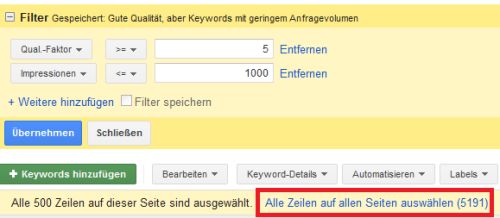 Bulk-Änderungen - alle Zeilen auswählen mit Filter