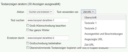 Bulk-Änderungen - Anzeigen suchen und ersetzen