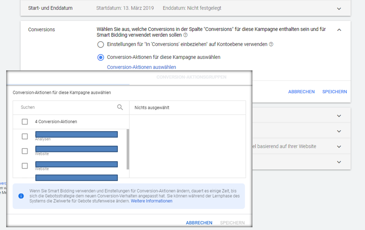 Conversion-Aktion auf Kampagnenebene auswählen