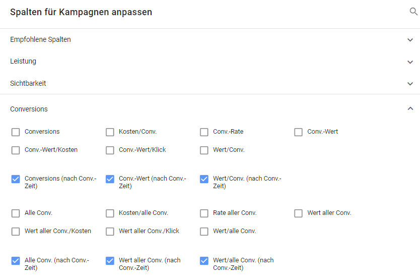 Google Ads Spalten - Zeitpunkt der Conversions