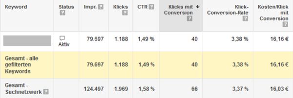 AdWords auswerten - durchschnittliche Leistungsdaten