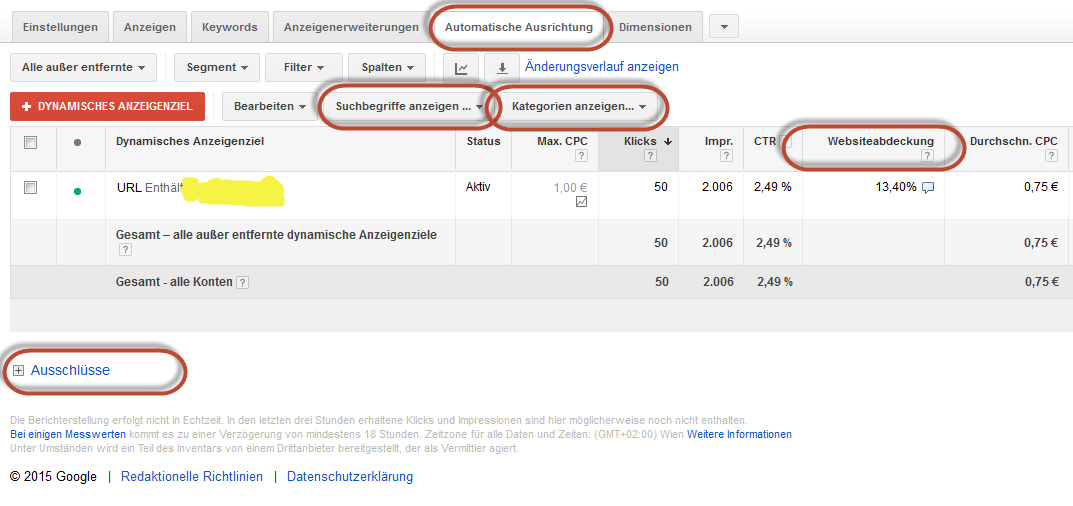 Dynamische Suchanzeigen - Tab "automatische Ausrichtung"