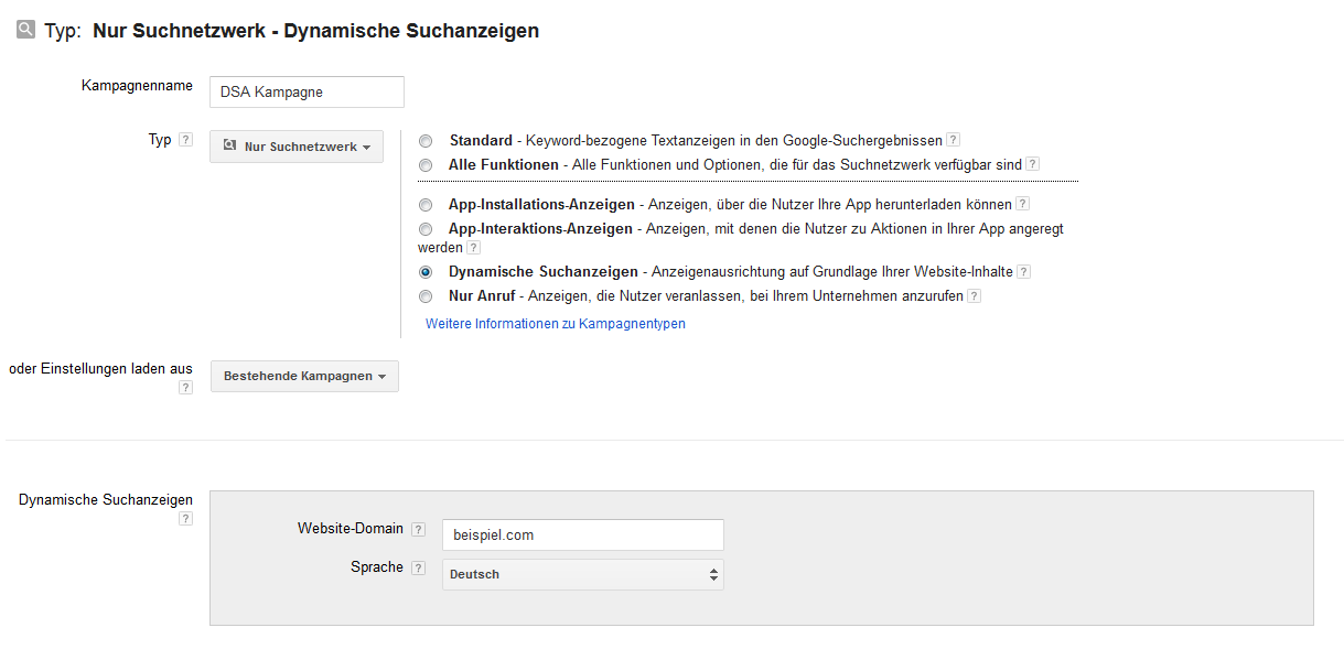 Dynamische Suchanzeigen - Einstellungen