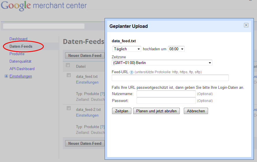 Upload des Produkt-Feeds im Merchant Center