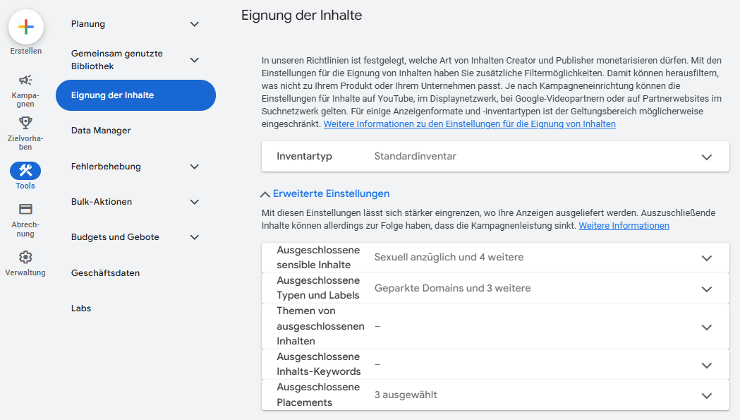 Ads-Konto Tab Eignung der Inhalte