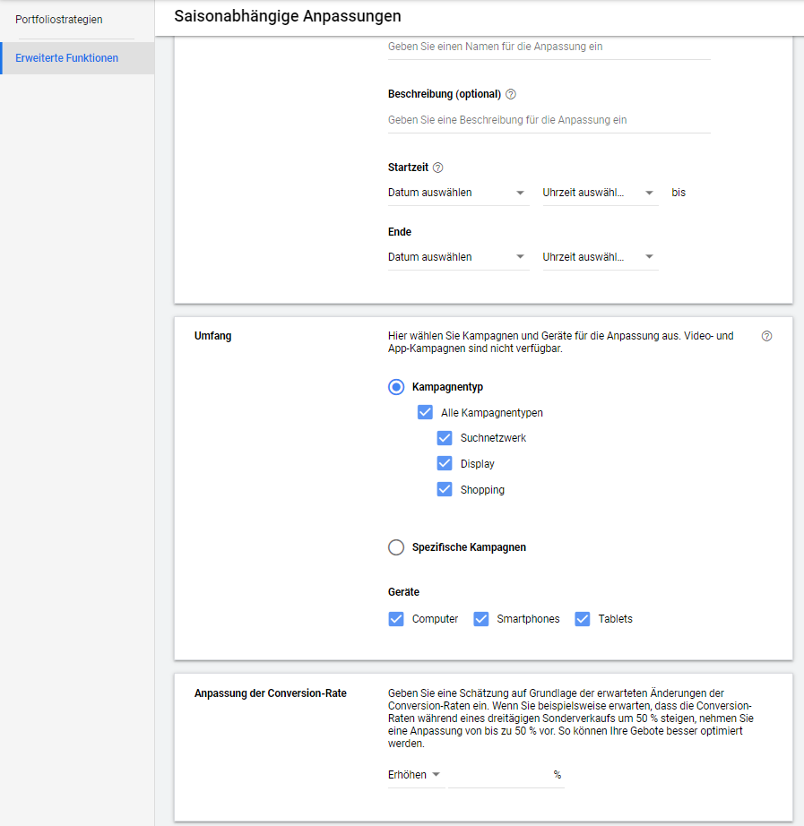 Smart Bidding - Eingabe der saisonalen Anpassungen