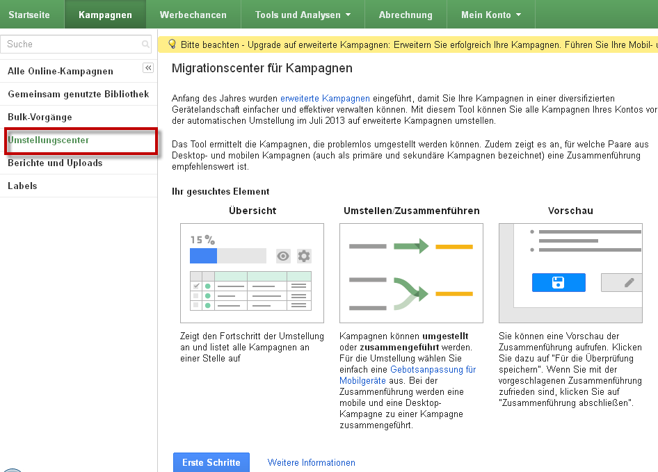Umstellungscenter Erweiterte Kampagnen