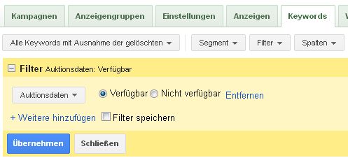 AdWords Filter Auktionsdaten