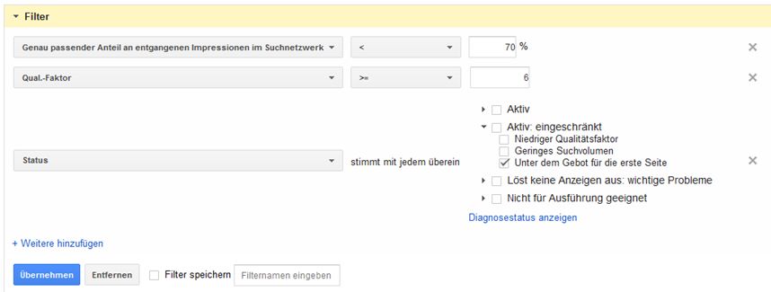 Filterabfrage zu Optimierungen mit Exact Match Impression Share