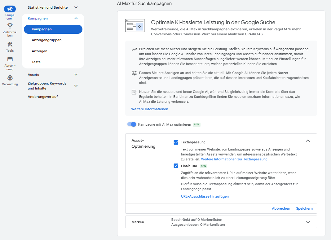 Kampagneneinstellung „AI Max für Suchkampagnen“