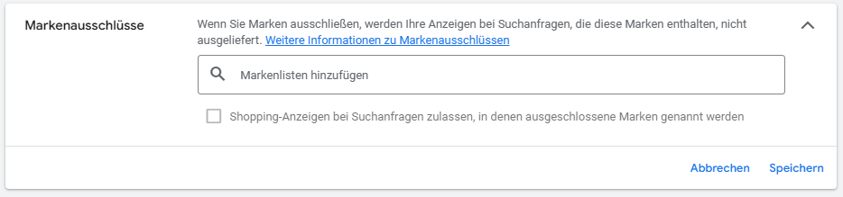 Kampagneneinstellung für PMax: Markenausschlüsse