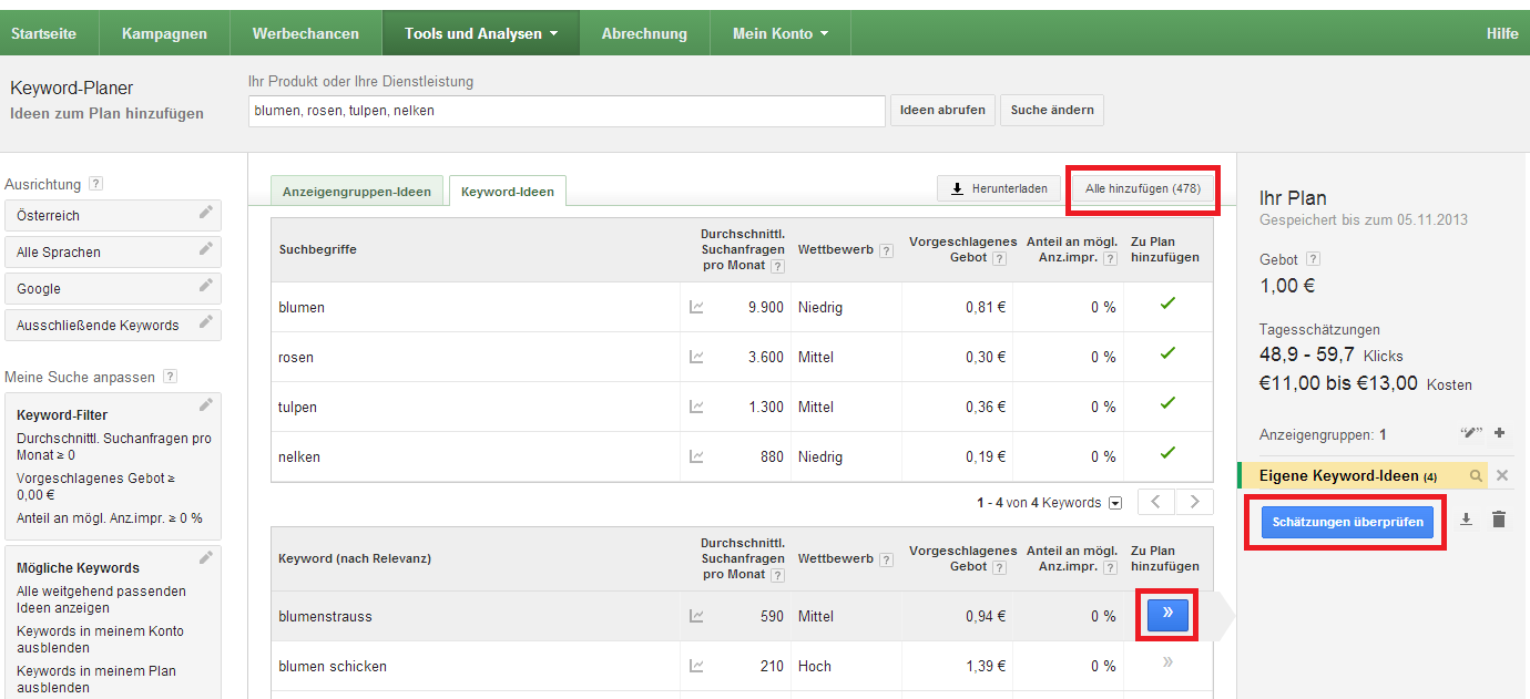 Keyword-Planer - Schätzungen überprüfen