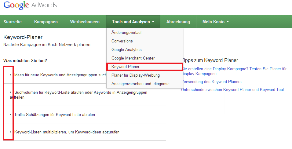 Keyword-Planer starten