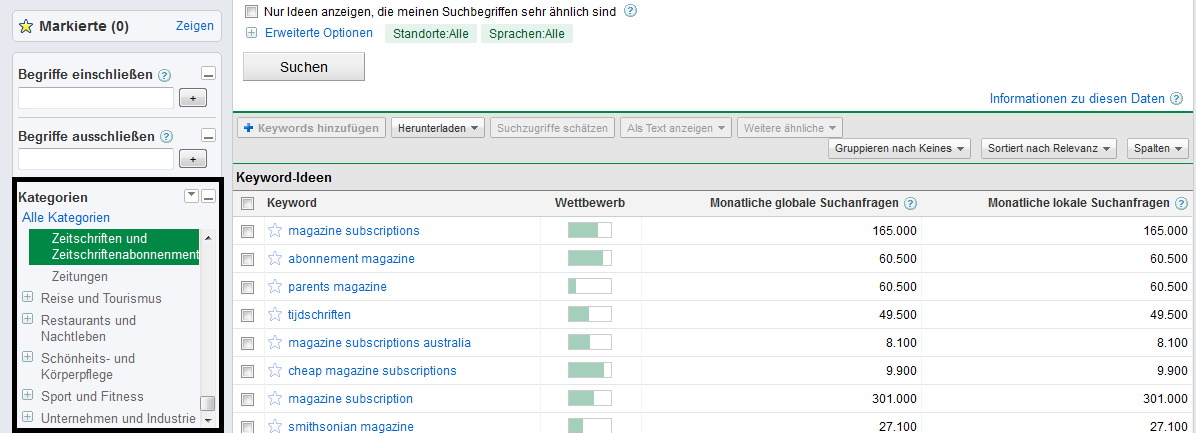 Abfrage im Keyword-Tool mithilfe von Kategorien