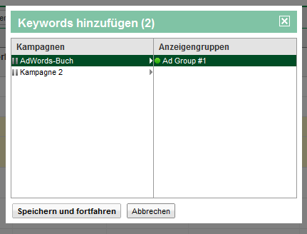 Keywords ins Konto übernehmen aus dem Keyword-Tool