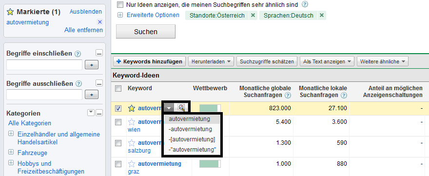 Keyword-Vorschläge im Keyword-Tool weiterverarbeiten