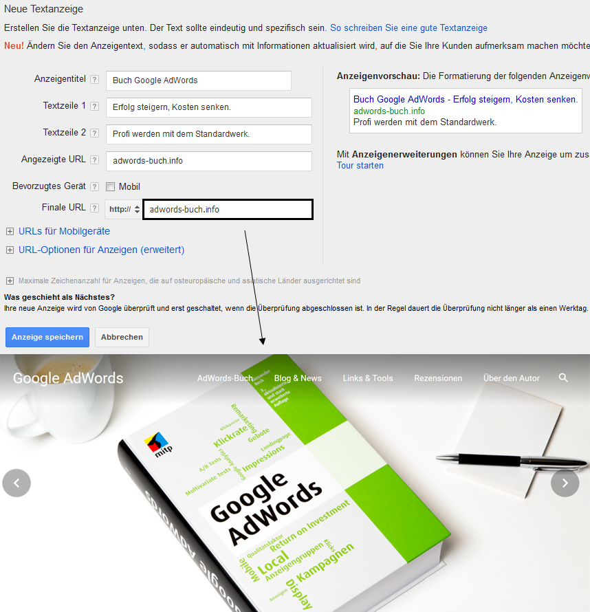 Landingpage-Split-Test im AdWords-Konto - Variante Eins