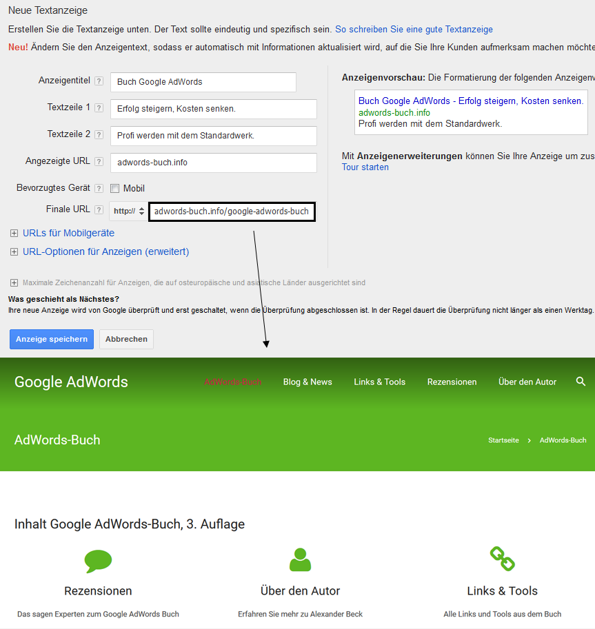 Landingpage-Split-Test im AdWords-Konto - Variante Zwei