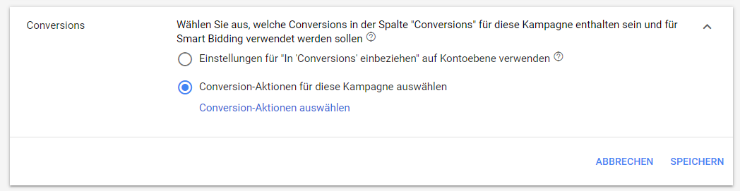Conversion-Aktionen für diese Kampagne auswählen