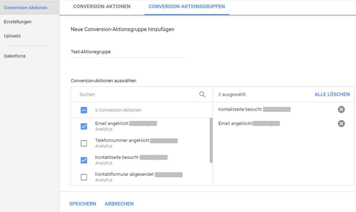 Tools > Conversions > Conversion-Aktionsgruppen
