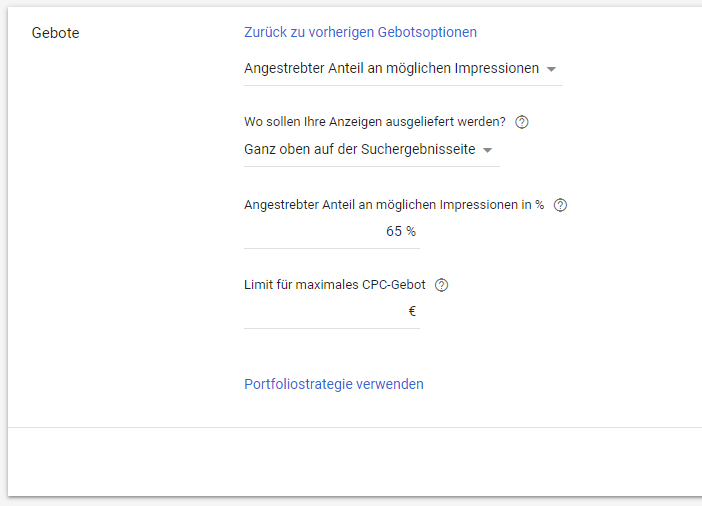 Gebotsstrategie angestrebter Anteil an möglichen Impressionen
