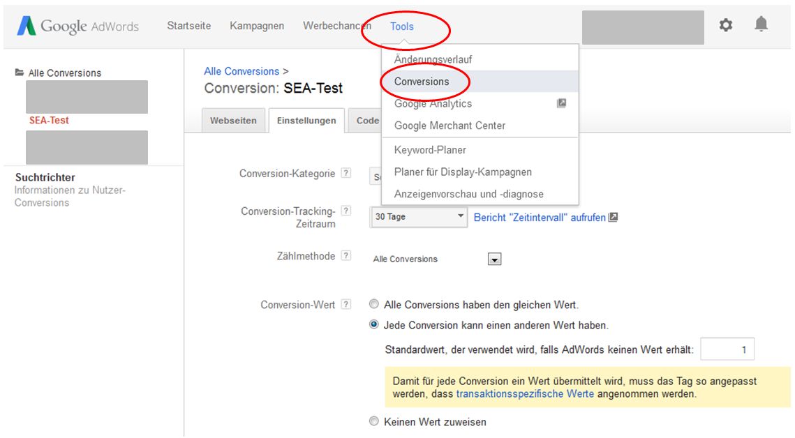 AdWords Conversion Tracking anlegen