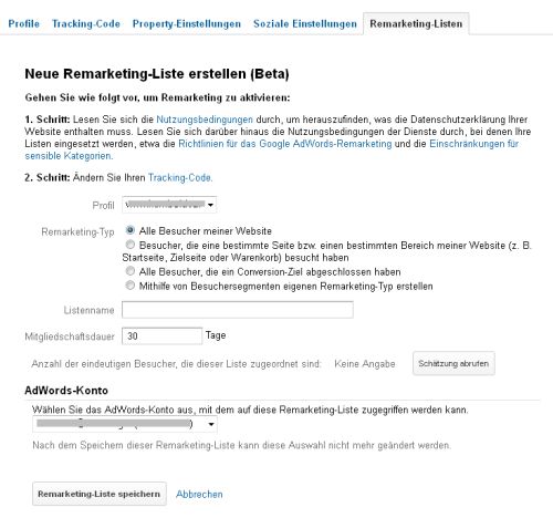 Google Analytics - Einstellungen für Remarketing-Listen