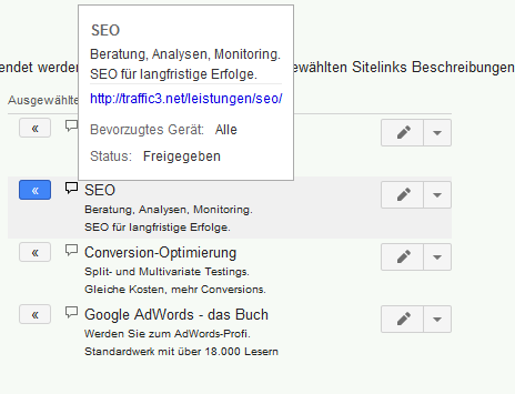 Freigabestatus von Sitelinks