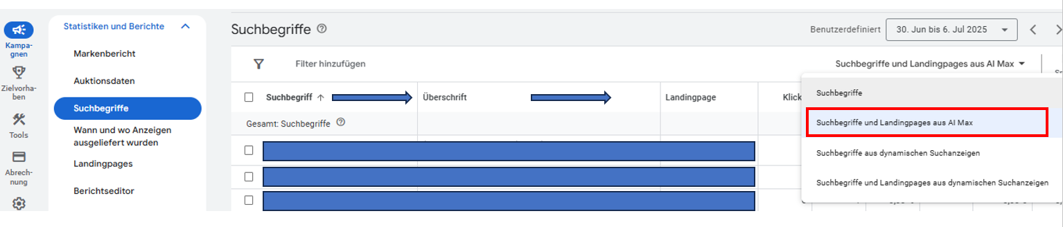 Report mit Suchbegriffe – Überschrift – Landingpage