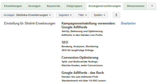 Sitelinks im AdWords-Konto
