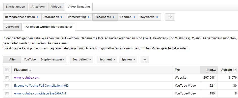 YouTube Videokampagnen - Anzeigenschaltungen aufrufen