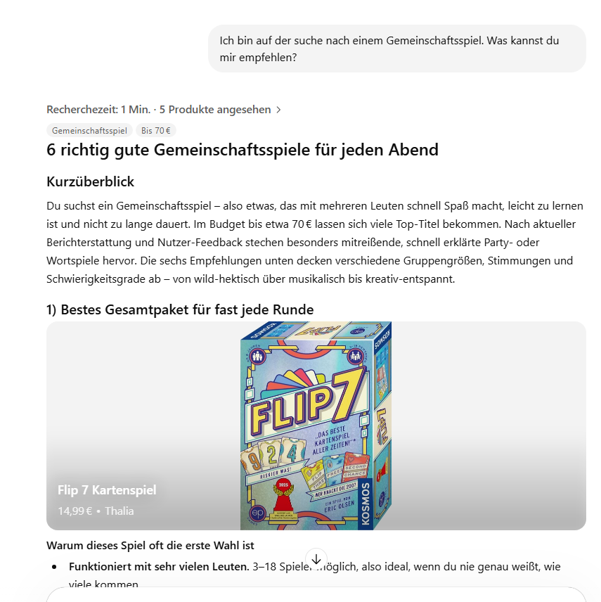 ChatGPT Produktempfehlung Gesellschaftsspiele