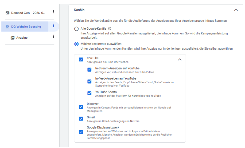 Demand Gen - Kanäle für die Anzeigenschaltung auswählen