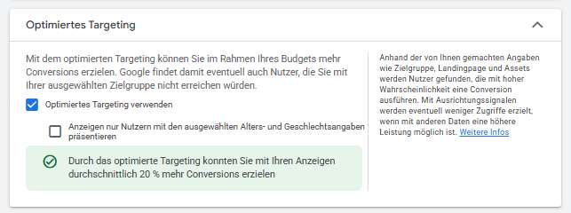 Anzeigengruppeneinstellung „Optimiertes Targeting“