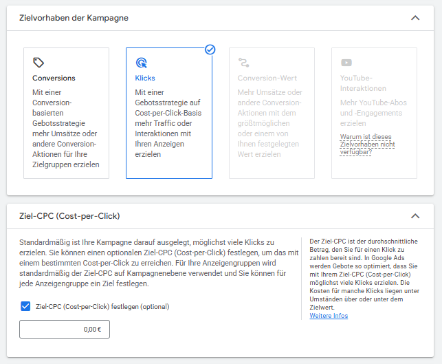 Zielvorhaben „Klicks“ mit neuer Gebotsstrategie „Ziel-CPC“